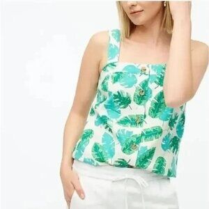 J. Crew Tropical Monstera Green Palm Leaf Print Linen Tank Top
